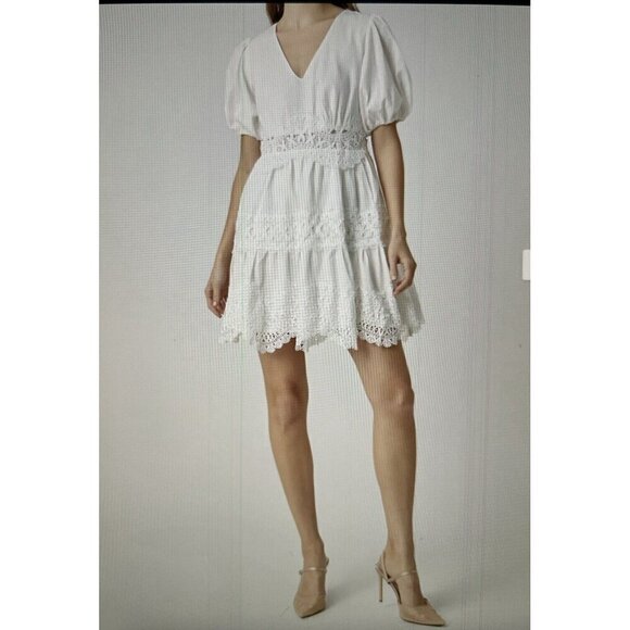 ENDLESS ROSE White Puff Sleeve V-Neck Lace Trim Mini Dress Sz M - Picture 2 of 16
